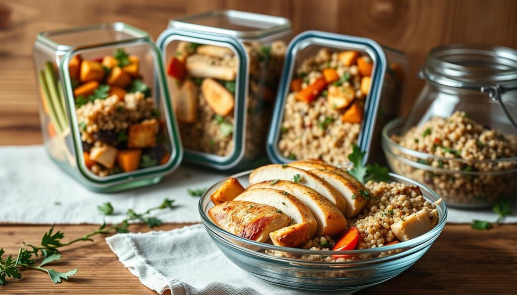 A beautifully arranged high-protein chicken meal prep bowl set against a warm, natural background. In the foreground, tender chicken breasts, roasted vegetables, and a hearty quinoa salad with fresh herbs. The middle ground features glass meal prep containers with the same healthy components, while the background showcases a wooden table with a linen tablecloth, providing a rustic, farmhouse-inspired setting. Soft, directional lighting casts gentle shadows, enhancing the depth and texture of the ingredients. The overall composition conveys a sense of balanced nutrition, meal planning, and culinary craftsmanship. A beautifully arranged high-protein chicken meal prep bowl set against a warm, natural background. In the foreground, tender chicken breasts, roasted vegetables, and a hearty quinoa salad with fresh herbs. The middle ground features glass meal prep containers with the same healthy components, while the background showcases a wooden table with a linen tablecloth, providing a rustic, farmhouse-inspired setting. Soft, directional lighting casts gentle shadows, enhancing the depth and texture of the ingredients. The overall composition conveys a sense of balanced nutrition, meal planning, and culinary craftsmanship.