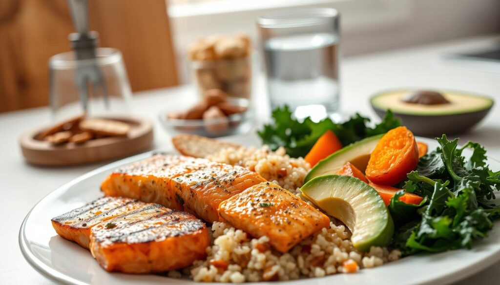 A beautifully arranged plate showcasing a nutrient-dense meal plan, captured in soft, natural lighting. In the foreground, a variety of vibrant, freshly prepared ingredients are displayed: grilled salmon filet, quinoa, roasted sweet potato wedges, sautéed kale, and a side of sliced avocado. The middle ground features a selection of whole-grain crackers, a small bowl of mixed nuts, and a glass of water. The background subtly suggests a simple, minimalist kitchen setting, with hints of wooden accents and clean, white surfaces. This well-balanced, visually appealing composition embodies the essence of a macro-balanced meal plan focused on whole, nourishing foods for optimal fat loss. A beautifully arranged plate showcasing a nutrient-dense meal plan, captured in soft, natural lighting. In the foreground, a variety of vibrant, freshly prepared ingredients are displayed: grilled salmon filet, quinoa, roasted sweet potato wedges, sautéed kale, and a side of sliced avocado. The middle ground features a selection of whole-grain crackers, a small bowl of mixed nuts, and a glass of water. The background subtly suggests a simple, minimalist kitchen setting, with hints of wooden accents and clean, white surfaces. This well-balanced, visually appealing composition embodies the essence of a macro-balanced meal plan focused on whole, nourishing foods for optimal fat loss.