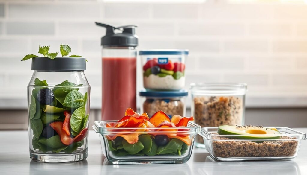 A beautifully lit and well-organized high-protein breakfast meal prep setup. In the foreground, a clear glass container holds a colorful mix of scrambled eggs, sautéed spinach, and crispy turkey bacon. Beside it, a sleek stainless steel shaker bottle filled with a protein-rich smoothie, garnished with a fresh sprig of mint. In the middle ground, neatly stacked containers hold overnight oats with berries and Greek yogurt, as well as a portion of quinoa topped with sliced avocado and a sprinkle of chia seeds. The background features a clean, bright kitchen counter with a subtle gray and white tiled backsplash, illuminated by soft, natural lighting from a large window. The overall scene exudes a sense of wellness, organization, and a healthy, on-the-go lifestyle. A beautifully lit and well-organized high protein breakfast meal prep setup. In the foreground, a clear glass container holds a colorful mix of scrambled eggs, sautéed spinach, and crispy turkey bacon. Beside it, a sleek stainless steel shaker bottle filled with a protein-rich smoothie, garnished with a fresh sprig of mint. In the middle ground, neatly stacked containers hold overnight oats with berries and Greek yogurt, as well as a portion of quinoa topped with sliced avocado and a sprinkle of chia seeds. The background features a clean, bright kitchen counter with a subtle gray and white tiled backsplash, illuminated by soft, natural lighting from a large window. The overall scene exudes a sense of wellness, organization, and a healthy, on-the-go lifestyle. (protein breakfast ideas)