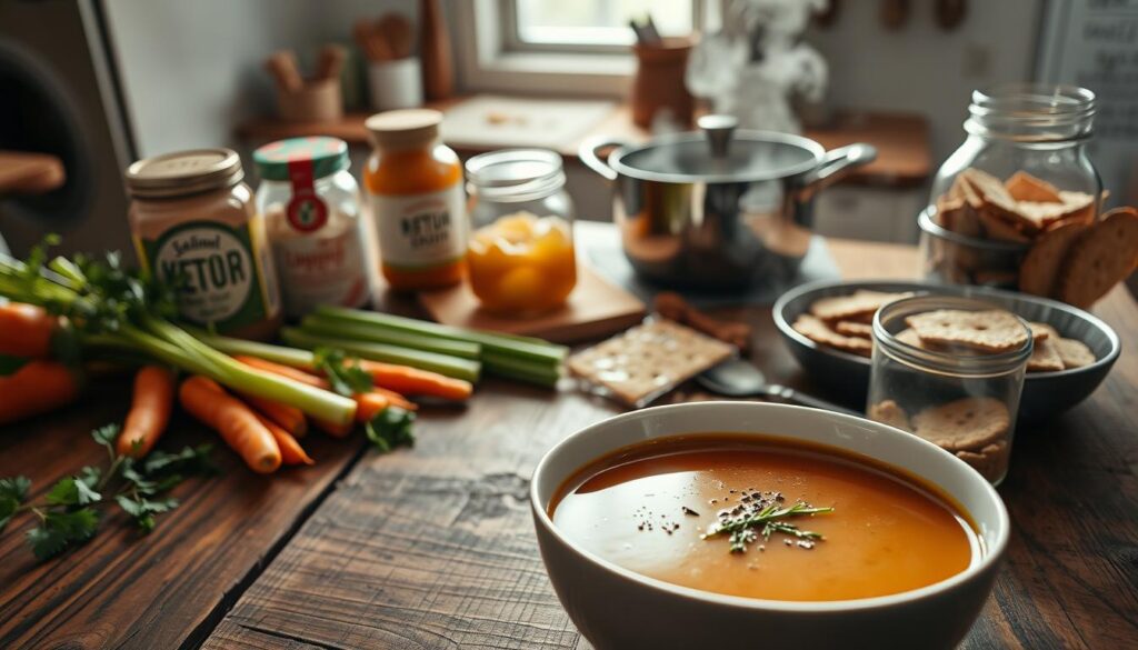 A beautifully lit, overhead shot of a rustic wooden table, showcasing an assortment of simple, low-sodium soup recipes. In the foreground, a steaming bowl of savory broth, garnished with fresh herbs and a sprinkle of cracked black pepper. Surrounding it, neatly arranged ingredients - a bundle of carrots, a bunch of celery, a jar of low-sodium broth, and a handful of whole-grain crackers. In the middle ground, a saucepan simmers gently, emitting an aromatic steam. The background is a cozy, softly-lit kitchen, with hints of natural light filtering through a window, creating a warm, inviting atmosphere.