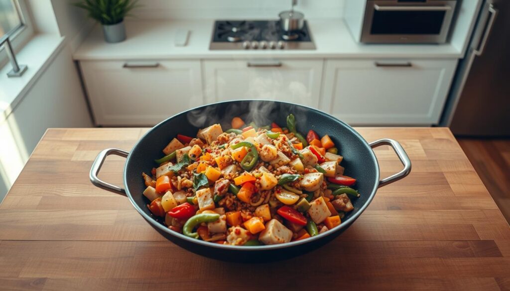 A beautifully lit overhead shot of a wooden table with a large stir-fry pan in the center, filled with a colorful medley of sautéed vegetables, lean protein, and aromatic seasonings. The steam rising from the pan creates a mouthwatering atmosphere. In the background, a minimalist kitchen setting with clean, white surfaces and sleek appliances, emphasizing the simplicity and ease of this low-carb meal. Warm, natural lighting casts a soft glow, highlighting the vibrant colors and textures of the stir-fry. The overall scene exudes a sense of wholesome, satisfying, and quick-to-prepare nourishment.