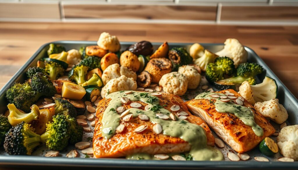 A beautifully lit sheet-pan filled with an assortment of roasted low-carb vegetables, including broccoli, zucchini, and cauliflower. In the foreground, tender salmon fillets seared to perfection, drizzled with a creamy avocado-based sauce. The middle ground features a scattering of toasted almond slivers and fresh herbs, adding texture and flavor. The background showcases a minimalist, rustic kitchen setting with wooden countertops and a simple tile backsplash, creating a warm, inviting atmosphere. Soft, directional lighting casts gentle shadows, highlighting the vibrant colors and mouthwatering details of this keto-friendly sheet-pan meal.