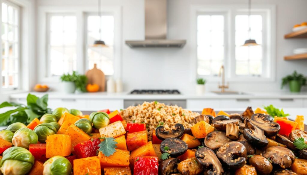 A bountiful array of vegetarian sheet-pan meals set against a bright, airy kitchen backdrop. In the foreground, an array of colorful roasted vegetables - Brussels sprouts, sweet potatoes, bell peppers, and mushrooms - glistening with olive oil. In the middle ground, a hearty grain-based dish, perhaps quinoa or farro, with vibrant pops of green from fresh herbs. Framing the scene, clean white countertops and minimalist shelving, illuminated by soft, diffused natural light from large windows. The overall composition exudes a sense of health, simplicity, and culinary delights, perfectly capturing the essence of "Vegetarian-Friendly Sheet-Pan Dinner Ideas".