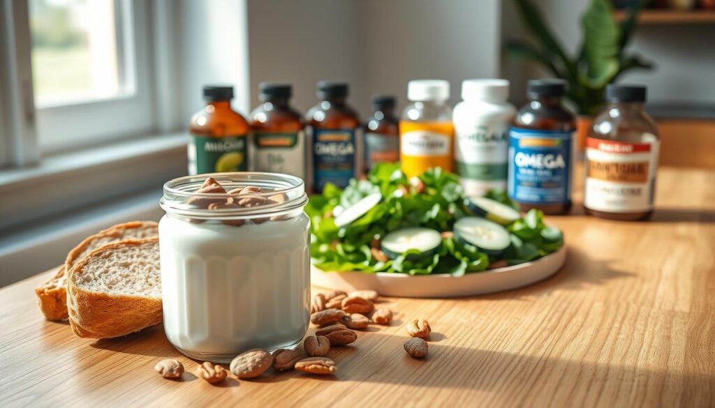 A clean, crisp image of an elegant wooden table with a selection of healthy gut-boosting foods and supplements. In the foreground, a glass jar filled with probiotic-rich yogurt, a slice of whole-grain bread, and a handful of mixed nuts. In the middle ground, a vibrant green salad with leafy greens, sliced cucumbers, and a drizzle of olive oil. In the background, a row of glass bottles containing supplements like omega-3s, probiotics, and digestive enzymes, all bathed in soft, natural lighting from a large window. The overall mood is one of simplicity, wellness, and a balanced approach to gut health. A clean, crisp image of an elegant wooden table with a selection of healthy gut-boosting foods and supplements. In the foreground, a glass jar filled with probiotic-rich yogurt, a slice of whole-grain bread, and a handful of mixed nuts. In the middle ground, a vibrant green salad with leafy greens, sliced cucumbers, and a drizzle of olive oil. In the background, a row of glass bottles containing supplements like omega-3s, probiotics, and digestive enzymes, all bathed in soft, natural lighting from a large window. The overall mood is one of simplicity, wellness, and a balanced approach to gut health.