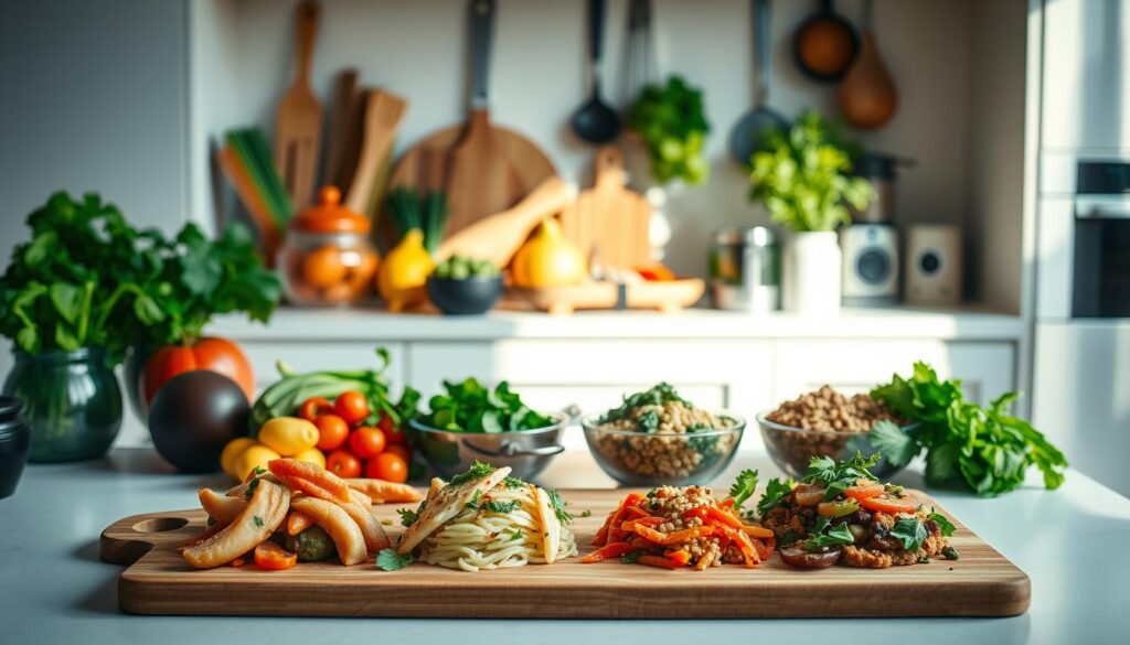 A clean, well-lit kitchen counter showcases an array of nourishing ingredients - fresh vegetables, lean proteins, and wholesome grains. Warm, natural lighting casts a soft glow, creating an inviting atmosphere. In the foreground, a cutting board displays expertly prepared dishes, each a harmonious blend of flavors and textures, representing the versatility of 16/8 intermittent fasting recipes. The middle ground features various kitchen utensils and small appliances, suggesting the ease and convenience of preparing these satisfying meals. The background subtly fades into a minimalist, neutral-toned setting, allowing the culinary creations to take center stage. A clean, well-lit kitchen counter showcases an array of nourishing ingredients - fresh vegetables, lean proteins, and wholesome grains. Warm, natural lighting casts a soft glow, creating an inviting atmosphere. In the foreground, a cutting board displays expertly prepared dishes, each a harmonious blend of flavors and textures, representing the versatility of 16/8 intermittent fasting recipes. The middle ground features various kitchen utensils and small appliances, suggesting the ease and convenience of preparing these satisfying meals. The background subtly fades into a minimalist, neutral-toned setting, allowing the culinary creations to take center stage.