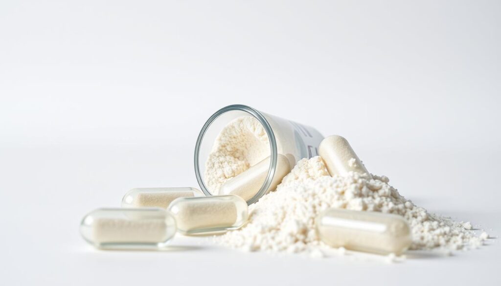 A close-up shot of collagen supplement capsules and powder against a clean, minimalistic background. The capsules are translucent, showcasing the vibrant collagen powder inside. The lighting is soft and diffused, creating a natural, studio-like atmosphere. The focus is sharp, highlighting the intricate texture and details of the collagen supplements. The overall composition is balanced, with the supplements occupying the center of the frame, allowing the viewer to appreciate their form and quality. The image conveys a sense of purity, health, and the potential benefits of collagen for runners.
