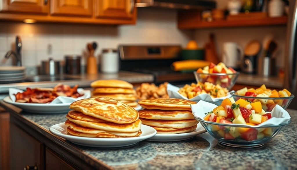A cozy kitchen counter brimming with a delectable array of quick breakfast dishes repurposed for a satisfying dinner. Crisp bacon, fluffy pancakes, golden hash browns, and a vibrant fruit salad artfully arranged under warm, inviting lighting. The scene exudes a comforting, homely atmosphere, perfect for a casual, family-style meal. The camera captures the scene from a slightly elevated angle, showcasing the tempting spread and creating a sense of visual depth. The overall mood is one of effortless convenience and wholesome nourishment, embodying the spirit of "quick breakfasts for dinner."