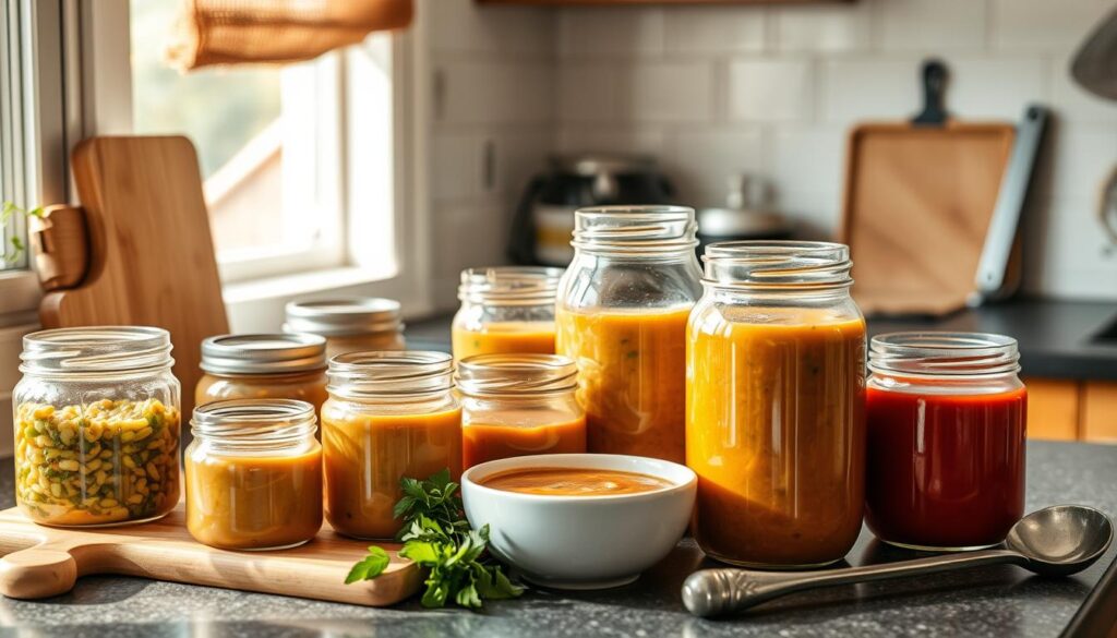 A cozy kitchen counter showcases an assortment of low sodium soups in various glass containers, jars, and ceramic bowls. The soups feature muted, earthy tones - perhaps a hearty vegetable medley, a comforting chicken noodle, and a vibrant tomato basil. Sunlight streams through a nearby window, casting a warm glow and gentle shadows across the scene. The arrangement is thoughtfully styled, with a few fresh herbs, a cutting board, and a ladle adding rustic charm. The overall mood is one of nourishment, simplicity, and the homemade comfort of batch-prepared low sodium soups, ready to be frozen and enjoyed later.