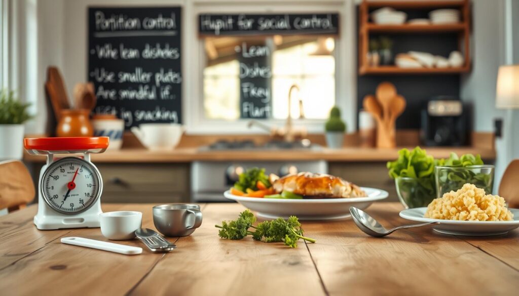 A cozy kitchen setting with a wooden table in the foreground, various portion-control tools like food scales, measuring cups, and serving spoons neatly arranged. In the middle ground, a balanced meal with a lean protein, vegetables, and a small serving of starch. Soft, natural lighting illuminates the scene, creating a warm and inviting atmosphere. The background features a chalkboard or whiteboard with handwritten tips for portion control in social situations, such as sharing dishes, using smaller plates, and being mindful of snacking. The overall composition conveys a sense of simplicity, organization, and practical guidance for maintaining healthy eating habits. A cozy kitchen setting with a wooden table in the foreground, various portion-control tools like food scales, measuring cups, and serving spoons neatly arranged. In the middle ground, a balanced meal with a lean protein, vegetables, and a small serving of starch. Soft, natural lighting illuminates the scene, creating a warm and inviting atmosphere. The background features a chalkboard or whiteboard with handwritten tips for portion control in social situations, such as sharing dishes, using smaller plates, and being mindful of snacking. The overall composition conveys a sense of simplicity, organization, and practical guidance for maintaining healthy eating habits.