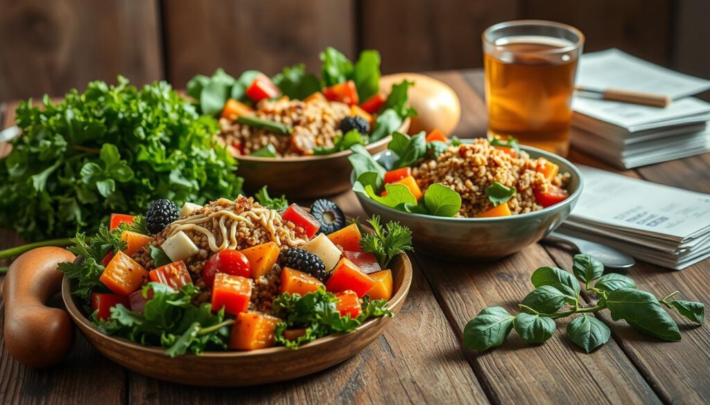 A delectable array of fresh, vibrant ingredients arranged artfully on a rustic wooden table, illuminated by warm, natural lighting. In the foreground, a bountiful salad of leafy greens, colorful vegetables, and a drizzle of homemade dressing. In the middle, a hearty grain bowl with quinoa, roasted root vegetables, and a sprinkle of anti-inflammatory spices. In the background, a glass of refreshing herbal tea and a stack of recipe cards, hinting at the nourishing meal plan. The overall composition evokes a sense of balance, simplicity, and a commitment to wholesome, anti-inflammatory eating. A delectable array of fresh, vibrant ingredients arranged artfully on a rustic wooden table, illuminated by warm, natural lighting. In the foreground, a bountiful salad of leafy greens, colorful vegetables, and a drizzle of homemade dressing. In the middle, a hearty grain bowl with quinoa, roasted root vegetables, and a sprinkle of anti-inflammatory spices. In the background, a glass of refreshing herbal tea and a stack of recipe cards, hinting at the nourishing meal plan. The overall composition evokes a sense of balance, simplicity, and a commitment to wholesome, anti-inflammatory eating.