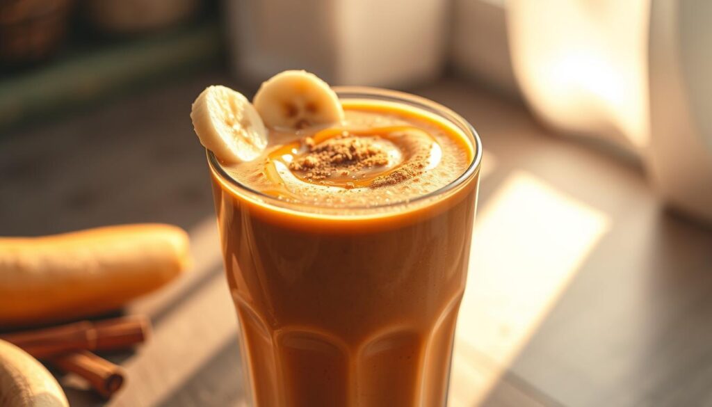 A delectable date sugar smoothie, served in a frosted glass. Vibrant orange-brown hue, with a creamy, thick texture. Garnished with a spiral of fresh banana slices, a sprinkle of ground cinnamon, and a drizzle of golden date syrup. Backlit by soft, warm lighting that casts a gentle glow, creating a cozy, inviting atmosphere. Captured from a slightly elevated angle, showcasing the smooth, swirling surface and the play of light and shadow. The overall mood is one of comforting indulgence, perfectly suited for a nourishing breakfast.