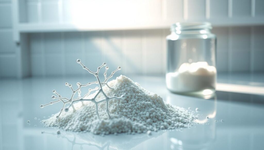 A detailed molecular cross-section of hydrolyzed collagen powder, showcased in a clean, well-lit laboratory setting. The foreground features a close-up view of the collagen strands, their intricate molecular structure rendered with precision. The middle ground presents a glass vial or container filled with the powdered hydrolyzed collagen, backlit to highlight the translucent quality of the material. The background depicts a sterile, white-tiled environment, with subtle reflections on the surface to convey a sense of professional, scientific study. Lighting is soft and diffused, accentuating the delicate nature of the collagen molecules. The overall atmosphere is one of clinical examination, emphasizing the technical nature of the subject matter.