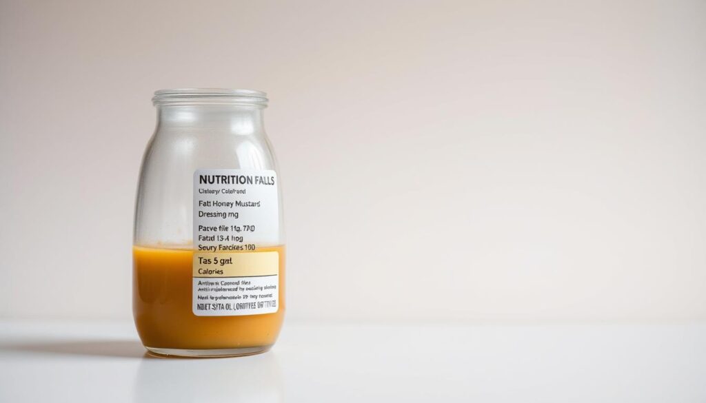 A detailed nutritional breakdown of a honey-mustard dressing, displayed on a clean, minimalist background. The foreground features a clear glass container filled with the golden, viscous dressing, its surface glistening under soft, diffused lighting. In the middle ground, a sleek, modern nutrition label clearly outlines the precise amounts of calories, fats, carbohydrates, and other key nutrients. The background is a serene, muted color that allows the central elements to stand out prominently. The overall composition conveys a sense of transparency, health, and culinary expertise, befitting the subject of an anti-inflammatory honey-mustard dressing. A detailed nutritional breakdown of a honey-mustard dressing, displayed on a clean, minimalist background. The foreground features a clear glass container filled with the golden, viscous dressing, its surface glistening under soft, diffused lighting. In the middle ground, a sleek, modern nutrition label clearly outlines the precise amounts of calories, fats, carbohydrates, and other key nutrients. The background is a serene, muted color that allows the central elements to stand out prominently. The overall composition conveys a sense of transparency, health, and culinary expertise, befitting the subject of an anti-inflammatory honey-mustard dressing. honey mustard dressing