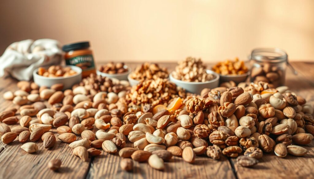 A diverse selection of nut-based snacks arranged artfully on a rustic wooden surface. In the foreground, an assortment of whole and halved nuts, such as almonds, cashews, and walnuts, are scattered in a natural, haphazard manner. In the middle ground, small piles of nut butters, granola, and dried fruit create visual interest. The background features a simple, minimalist setup with soft, warm lighting, casting a gentle glow over the scene. The overall composition conveys a sense of health, nourishment, and the natural goodness of these anti-inflammatory snack options.