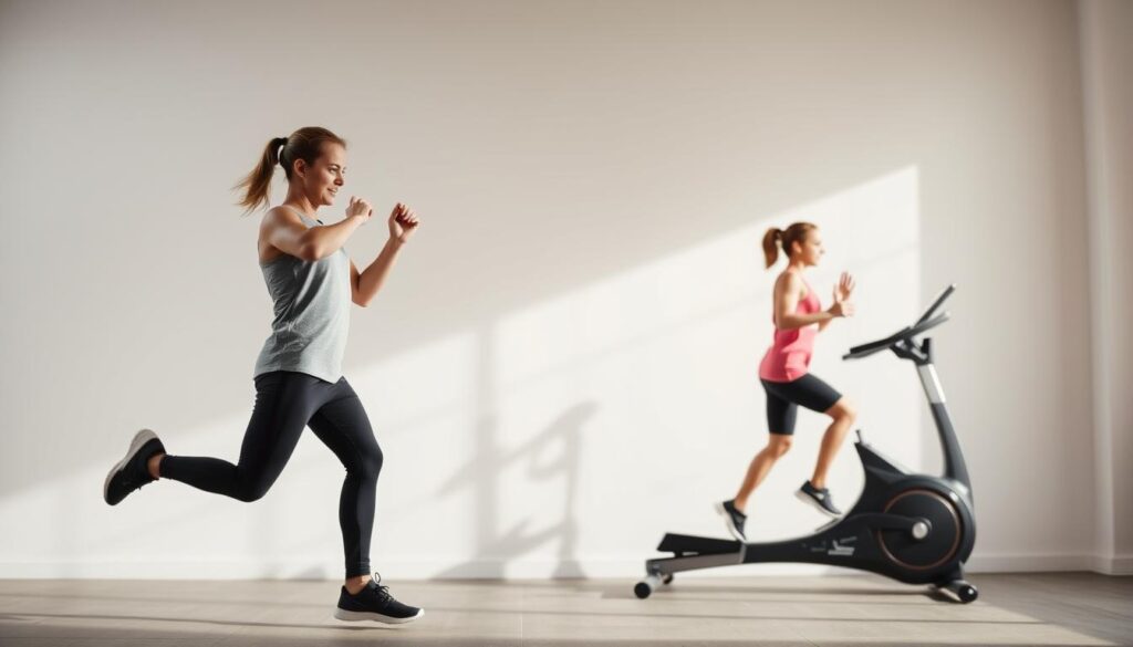A dynamic comparison of time efficiency between high-intensity interval training (HIIT) and steady-state cardio, set against a clean, minimalist backdrop. In the foreground, a person performing HIIT exercises, their movements dynamic and intense. In the middle ground, the same person engaged in steady-state cardio, their pace unwavering. The background features a simple, modern gym setting with clean lines and neutral tones, emphasizing the focus on the two workout modalities. Soft, directional lighting illuminates the scene, casting subtle shadows and highlighting the contrasting physical efforts. The overall composition conveys the efficiency and effectiveness of each approach, inviting the viewer to consider the merits of HIIT versus steady-state cardio for fat loss. A dynamic comparison of time efficiency between high-intensity interval training (HIIT) and steady-state cardio, set against a clean, minimalist backdrop. In the foreground, a person performing HIIT exercises, their movements dynamic and intense. In the middle ground, the same person engaged in steady-state cardio, their pace unwavering. The background features a simple, modern gym setting with clean lines and neutral tones, emphasizing the focus on the two workout modalities. Soft, directional lighting illuminates the scene, casting subtle shadows and highlighting the contrasting physical efforts. The overall composition conveys the efficiency and effectiveness of each approach, inviting the viewer to consider the merits of HIIT versus steady-state cardio for fat loss.