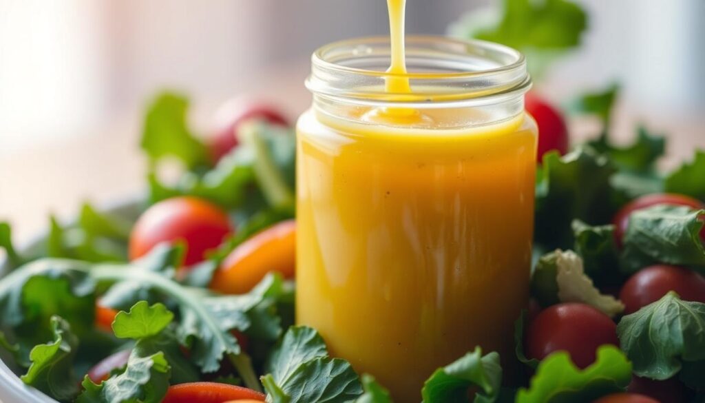 A glass jar filled with a vibrant golden-yellow gluten-free honey-mustard dressing, the viscous liquid glistening under warm, soft lighting. Fresh greens and veggies surround the jar, hinting at the dressing's versatility. The scene is captured from a slightly elevated angle, creating a visually appealing and appetizing composition. The overall mood is clean, natural, and welcoming, inviting the viewer to imagine drizzling this nourishing dressing over a fresh, wholesome salad. A glass jar filled with a vibrant golden-yellow gluten-free honey-mustard dressing, the viscous liquid glistening under warm, soft lighting. Fresh greens and veggies surround the jar, hinting at the dressing's versatility. The scene is captured from a slightly elevated angle, creating a visually appealing and appetizing composition. The overall mood is clean, natural, and welcoming, inviting the viewer to imagine drizzling this nourishing dressing over a fresh, wholesome salad. honey mustard dressing