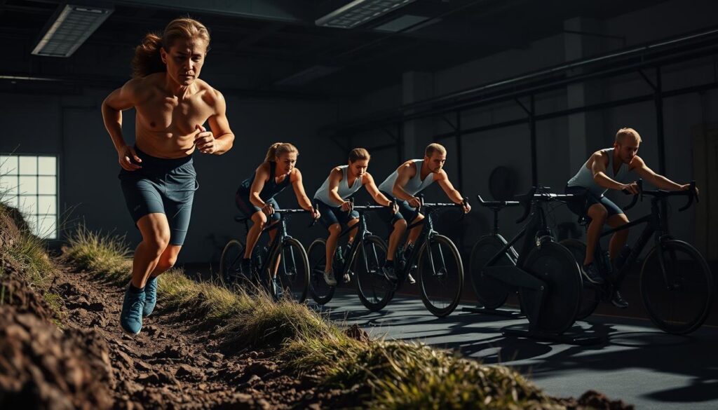 A group of athletes engaged in endurance training techniques, captured in a dynamic, high-contrast setting. In the foreground, a runner navigates a rugged trail, muscles straining as they power through the challenging terrain. In the middle ground, cyclists pedal furiously on stationary bikes, their faces etched with determination. The background features a dimly lit, industrial-style gym, with equipment like rowing machines and weighted sleds, evoking a sense of gritty, no-nonsense training. Harsh, directional lighting casts long shadows, adding depth and drama to the scene. The overall atmosphere conveys the relentless, unwavering spirit of endurance athletes pushing their limits.
