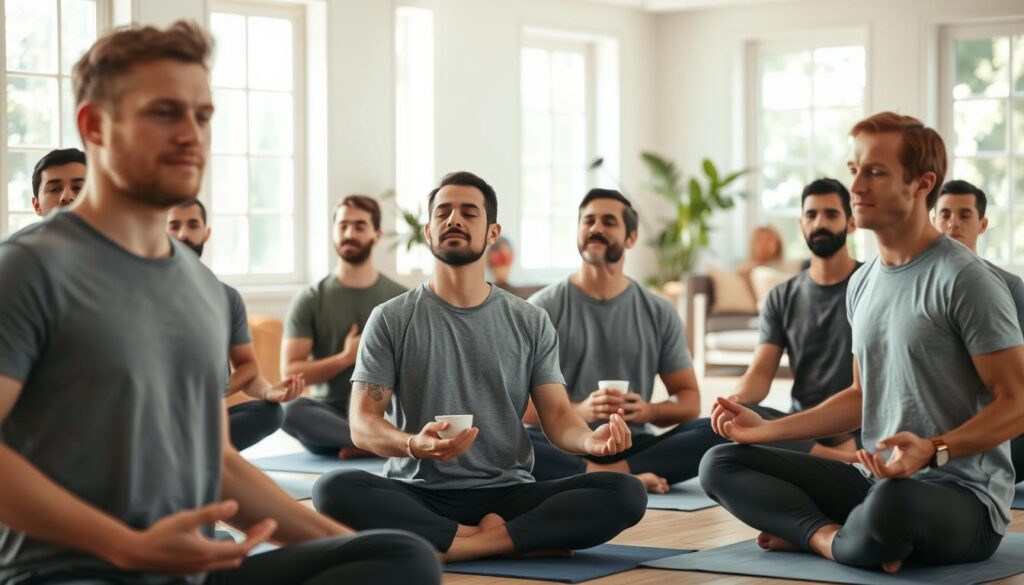 A group of men gathered in an airy, sun-dappled studio, engaged in a variety of mindful activities. In the foreground, some practice gentle yoga poses, their faces serene and focused. In the middle ground, others sit cross-legged, eyes closed, deep in meditation. The background reveals a cozy lounge area, where a few men sip herbal tea and discuss their mental wellness journeys. Soft, natural lighting filters through large windows, creating a calming, rejuvenating atmosphere. The men's expressions convey a sense of inner peace and camaraderie, reflecting the positive impact of these group activities on their mental fitness.
