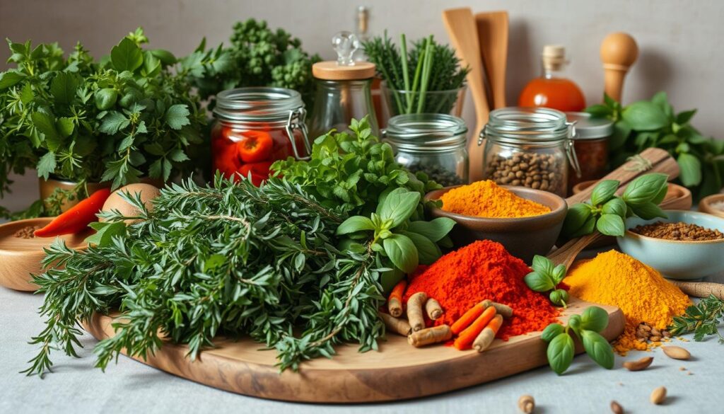 A meticulously arranged still life capturing a vibrant assortment of freshly harvested herbs and aromatic spices. In the foreground, a wooden board is adorned with a lush array of fragrant leaves, from robust rosemary and fragrant thyme to delicate chives and leafy oregano. In the middle ground, an array of glass jars and ceramic bowls brim with a rainbow of spices, from the deep red hues of cayenne and paprika to the golden warmth of turmeric and cumin. The background features a soft, neutral-toned backdrop, allowing the vivid colors and textures of the ingredients to take center stage. Warm, natural lighting casts a gentle glow, accentuating the depth and richness of the scene. The overall composition radiates a sense of culinary artistry and the promise of flavorful, healthy meals.
