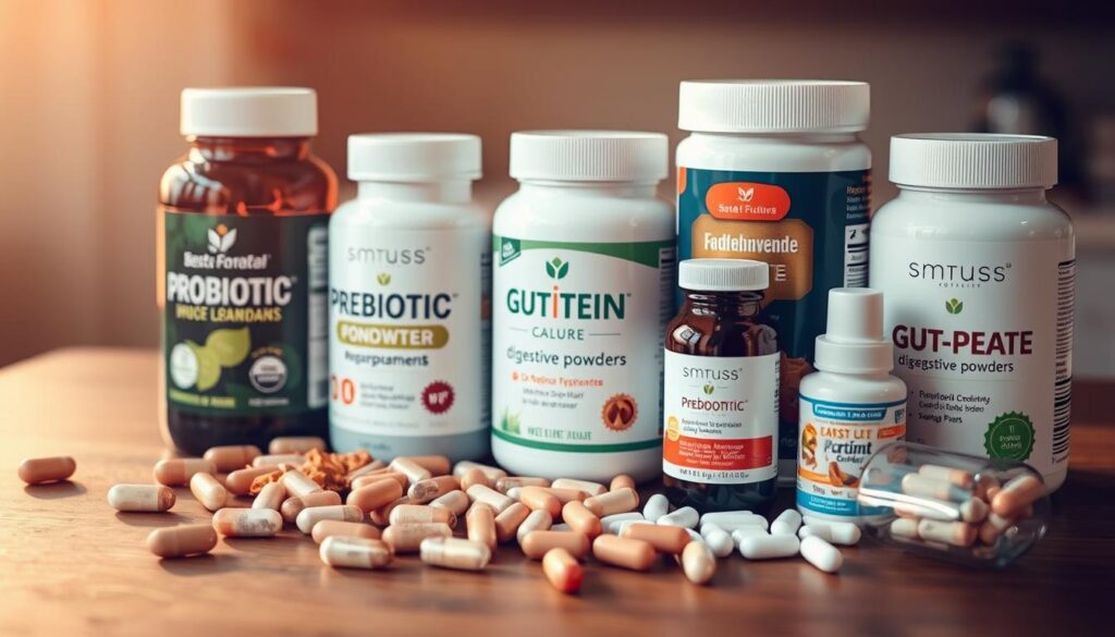 A neatly arranged assortment of gut health supplements, including probiotic capsules, prebiotic powders, and digestive enzymes, resting on a wooden table. Soft, warm lighting from the side casts a gentle glow, highlighting the natural colors and textures of the various supplements. The background is blurred, keeping the focus on the foreground elements. The overall composition conveys a sense of wellness, balance, and the importance of supporting a healthy gut for weight management. A neatly arranged assortment of gut health supplements, including probiotic capsules, prebiotic powders, and digestive enzymes, resting on a wooden table. Soft, warm lighting from the side casts a gentle glow, highlighting the natural colors and textures of the various supplements. The background is blurred, keeping the focus on the foreground elements. The overall composition conveys a sense of wellness, balance, and the importance of supporting a healthy gut for weight management. (weight loss