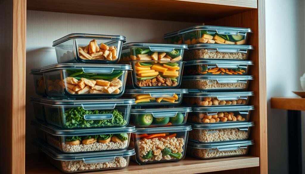 A neatly arranged collection of glass meal prep containers, meticulously stacked and organized on a minimalist wooden shelving unit. Soft, warm lighting illuminates the scene, casting gentle shadows and highlighting the transparent lids, allowing a glimpse of the colorful, balanced meals within. The containers are filled with an assortment of fresh, vibrant ingredients - grilled chicken, steamed vegetables, and whole grains - ready to be enjoyed throughout the week. The overall atmosphere conveys a sense of efficiency, organization, and a commitment to healthy eating habits. A neatly arranged collection of glass meal prep containers, meticulously stacked and organized on a minimalist wooden shelving unit. Soft, warm lighting illuminates the scene, casting gentle shadows and highlighting the transparent lids, allowing a glimpse of the colorful, balanced meals within. The containers are filled with an assortment of fresh, vibrant ingredients - grilled chicken, steamed vegetables, and whole grains - ready to be enjoyed throughout the week. The overall atmosphere conveys a sense of efficiency, organization, and a commitment to healthy eating habits.