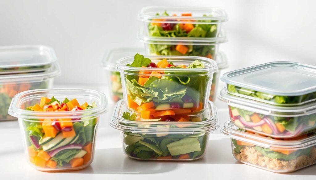 A neatly arranged set of clear plastic meal prep containers, each filled with a vibrant, colorful salad. The containers are placed on a clean, minimalist white surface, bathed in soft, natural lighting that accentuates the fresh greens, vegetables, and toppings within. The scene conveys a sense of organization, efficiency, and a commitment to healthy, make-ahead meal planning. The containers are positioned in a way that allows the viewer to clearly see the layers of ingredients, inspiring confidence in the salad's long-lasting freshness and flavor.(salad meal prep ideas)