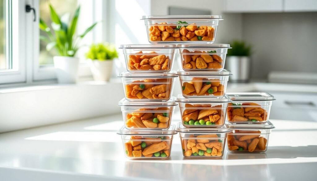 A neatly arranged set of high-quality meal prep containers, each filled with perfectly portioned chicken dishes. The containers are made of clear, durable plastic, allowing the vibrant colors of the meals to shine through. The containers are stacked on a clean, minimalist kitchen counter, bathed in soft, natural lighting from a nearby window. The overall scene conveys a sense of organization, efficiency, and a healthy, balanced lifestyle. A neatly arranged set of high-quality meal prep containers, each filled with perfectly portioned chicken dishes. The containers are made of clear, durable plastic, allowing the vibrant colors of the meals to shine through. The containers are stacked on a clean, minimalist kitchen counter, bathed in soft, natural lighting from a nearby window. The overall scene conveys a sense of organization, efficiency, and a healthy, balanced lifestyle.