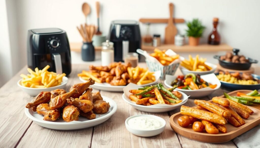 A neatly arranged spread of various easy air fryer meal options, captured in a bright, airy studio setting with soft, even lighting. In the foreground, a selection of freshly prepared dishes including juicy chicken wings, crispy fries, and roasted vegetables, all presented on a rustic wooden table. The middle ground features complementary kitchen accessories like an air fryer, cooking utensils, and a small collection of herbs and spices. The background maintains a clean, minimalist aesthetic, allowing the delectable dishes to take center stage. The overall mood is one of simplicity, convenience, and mouthwatering culinary delights, perfectly capturing the essence of "Variations on Classic Recipes" for air fryer enthusiasts. A neatly arranged spread of various easy air fryer meal options, captured in a bright, airy studio setting with soft, even lighting. In the foreground, a selection of freshly prepared dishes including juicy chicken wings, crispy fries, and roasted vegetables, all presented on a rustic wooden table. The middle ground features complementary kitchen accessories like an air fryer, cooking utensils, and a small collection of herbs and spices. The background maintains a clean, minimalist aesthetic, allowing the delectable dishes to take center stage. The overall mood is one of simplicity, convenience, and mouthwatering culinary delights, perfectly capturing the essence of "Variations on Classic Recipes" for air fryer enthusiasts.