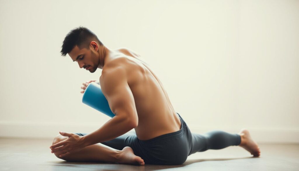 A person sitting on the floor, intently foam rolling their upper back and shoulders. The lighting is soft and diffused, creating a relaxed, meditative atmosphere. The subject's expression is one of focused concentration, their muscles gently releasing tension as they move the foam roller along their spine. The scene is captured from a slightly elevated angle, highlighting the graceful movement and providing a clear view of the upper body form. The background is blurred, keeping the viewer's attention firmly on the act of foam rolling.