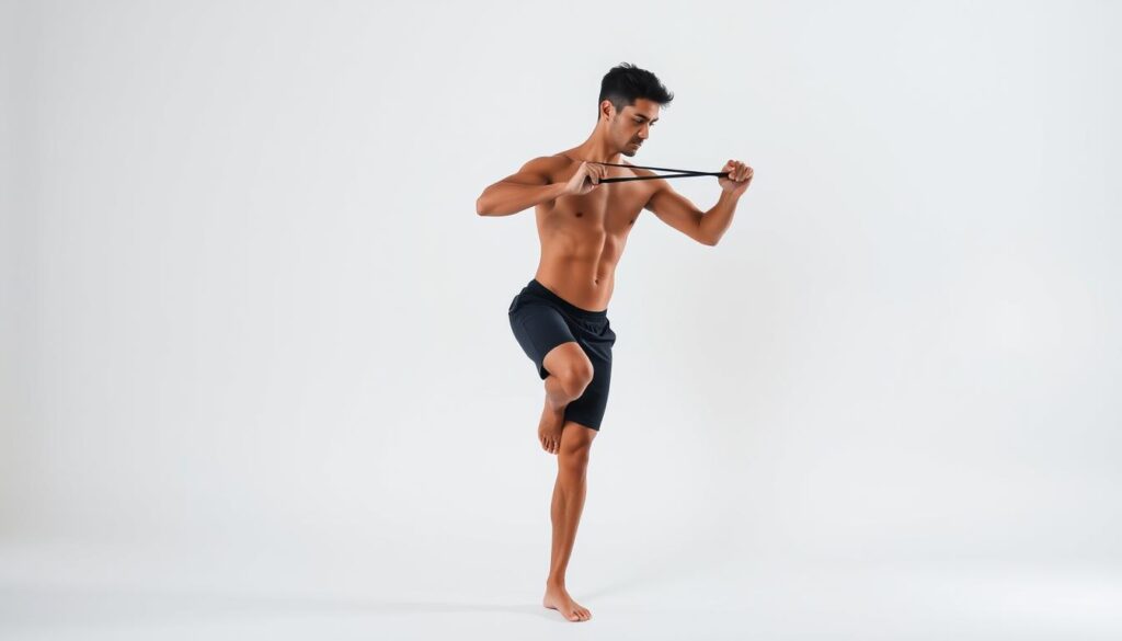 A person with a toned, athletic physique performing a resistance band stretch against a clean, bright background. The subject stands with feet shoulder-width apart, one leg slightly forward, gripping the ends of a resistance band and gently pulling it across the chest, creating mild tension and a gentle stretch in the shoulder and upper back muscles. Soft, diffused lighting from the side illuminates the scene, casting subtle shadows and highlights to accentuate the figure's form. The overall mood is serene, focused, and emphasizes the controlled, deliberate nature of the stretching exercise.
