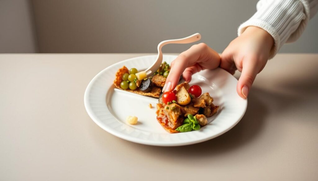 A person's hand carefully portioning out a meal on a plate, demonstrating the concept of portion control. The lighting is soft and natural, highlighting the thoughtful, measured movements. The plate is placed on a simple, minimalist table against a muted, neutral background, creating a calming, introspective atmosphere. The image conveys a sense of mindfulness and self-awareness around food consumption, reflecting the psychological aspect of overcoming barriers to sustainable weight loss. A person's hand carefully portioning out a meal on a plate, demonstrating the concept of portion control. The lighting is soft and natural, highlighting the thoughtful, measured movements. The plate is placed on a simple, minimalist table against a muted, neutral background, creating a calming, introspective atmosphere. The image conveys a sense of mindfulness and self-awareness around food consumption, reflecting the psychological aspect of overcoming barriers to sustainable weight loss.