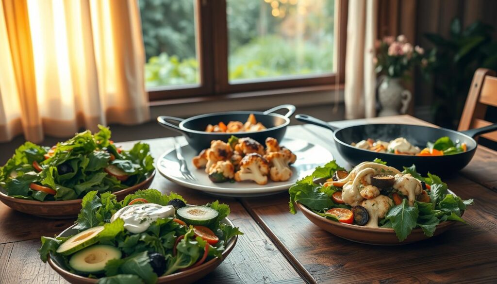A rustic wooden table set with an assortment of low-carb vegetarian dishes. In the foreground, a vibrant salad with leafy greens, sliced avocado, and a creamy dressing. Alongside, a hearty vegetable stir-fry sizzling in a cast-iron skillet, the steam rising in soft, wispy curls. In the middle, a plate of roasted cauliflower florets drizzled with a tantalizing tahini sauce. In the background, a window overlooking a lush, verdant garden, bathed in warm, golden sunlight filtering through sheer, flowing curtains. The scene conveys a sense of nourishment, simplicity, and a celebration of plant-based, low-carb goodness.