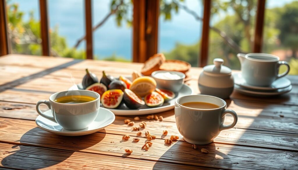 A serene Mediterranean breakfast scene unfolds on a rustic wooden table, bathed in soft natural light. In the foreground, a delicate porcelain cup steams with fragrant green tea, its delicate aroma mingling with the assortment of vibrant, fresh ingredients surrounding it. A plate of succulent figs, juicy citrus slices, and a sprinkle of toasted nuts create a visually stunning and nutritious spread. In the middle ground, a scattering of whole-grain toast and a small bowl of creamy Greek yogurt provide a balanced foundation. The background features a window overlooking a tranquil Mediterranean vista, with lush greenery and a glimpse of the azure blue sea beyond, evoking a sense of calm and well-being. A serene Mediterranean breakfast scene unfolds on a rustic wooden table, bathed in soft natural light. In the foreground, a delicate porcelain cup steams with fragrant green tea, its delicate aroma mingling with the assortment of vibrant, fresh ingredients surrounding it. A plate of succulent figs, juicy citrus slices, and a sprinkle of toasted nuts create a visually stunning and nutritious spread. In the middle ground, a scattering of whole-grain toast and a small bowl of creamy Greek yogurt provide a balanced foundation. The background features a window overlooking a tranquil Mediterranean vista, with lush greenery and a glimpse of the azure blue sea beyond, evoking a sense of calm and well-being.