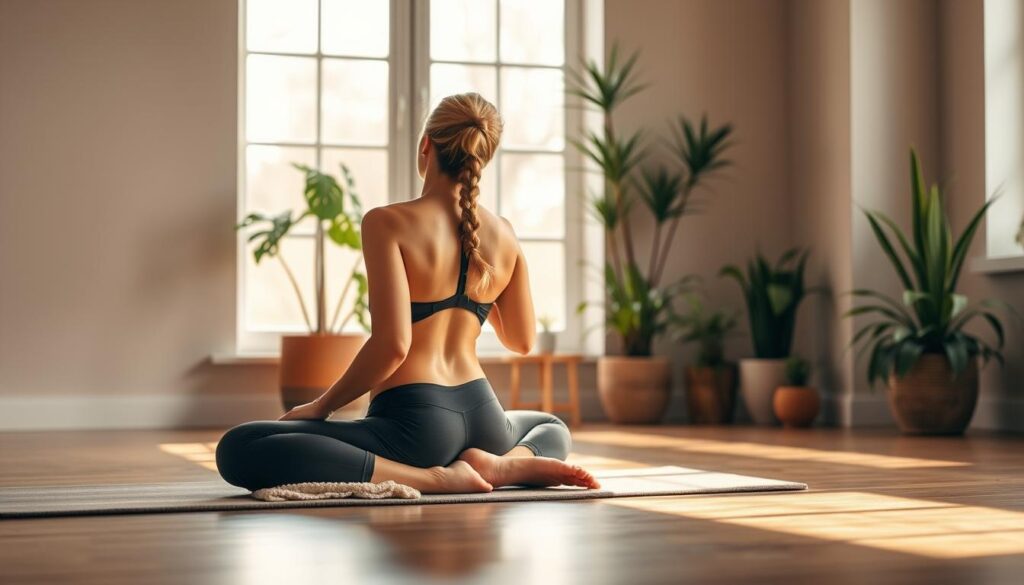 A serene and inviting morning scene in a tranquil, sun-dappled studio. In the foreground, a person sits cross-legged on a plush yoga mat, taking deep, calming breaths as they perform a gentle spinal twist, gently elongating their spine. The middle ground showcases a collection of potted plants and a large window, allowing natural light to filter in and create a warm, glowing atmosphere. The background features muted, earthy tones, with a simple, minimalist decor that promotes a sense of peace and focus. The overall mood is one of quiet contemplation and rejuvenation, perfectly capturing the essence of an effective morning stretch routine.