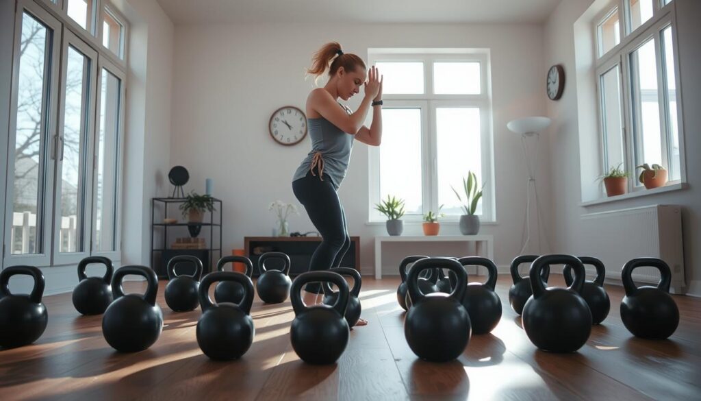 A serene and tranquil home gym setting, with natural light streaming in through large windows. In the foreground, a person performing a series of gentle kettlebell cool-down exercises, their movements fluid and graceful. The middle ground features an array of kettlebells in various sizes, neatly arranged on a wooden floor. In the background, a minimalist and calming decor, with potted plants and a wall-mounted clock, creating a sense of balance and relaxation. The overall atmosphere is one of mindfulness and restoration, perfectly complementing the "Cooling Down and Recovery" section of the article.