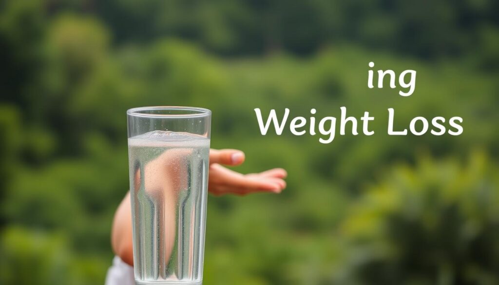 A serene, hydro-inspired scene showcasing the connection between hydration and weight loss. In the foreground, a transparent glass of water stands, its surface reflecting the light. Droplets cling to the sides, hinting at the refreshing coolness within. In the middle ground, a woman's hand reaches for the glass, symbolizing the importance of staying hydrated during weight loss journeys. The background features a lush, verdant landscape, suggesting the natural, holistic approach to wellness. Soft, diffused lighting bathes the scene, creating a calming, almost meditative atmosphere. The overall composition conveys the message that proper hydration is a key component in achieving sustainable weight loss goals. A serene, hydro-inspired scene showcasing the connection between hydration and weight loss. In the foreground, a transparent glass of water stands, its surface reflecting the light. Droplets cling to the sides, hinting at the refreshing coolness within. In the middle ground, a woman's hand reaches for the glass, symbolizing the importance of staying hydrated during weight loss journeys. The background features a lush, verdant landscape, suggesting the natural, holistic approach to wellness. Soft, diffused lighting bathes the scene, creating a calming, almost meditative atmosphere. The overall composition conveys the message that proper hydration is a key component in achieving sustainable weight loss goals.