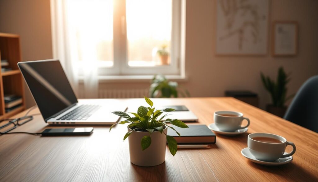 A serene office setting with a laptop, smartphone, and other digital devices arranged neatly on a wooden desk. Warm, diffused lighting from a large window casts a soft glow, creating a contemplative atmosphere. In the foreground, a potted plant and a cup of tea symbolize mindfulness and the transition back to a balanced digital life. The background features a minimalist wall decor with clean lines, evoking a sense of clarity and focus. The overall scene conveys a sense of harmony between technology and self-care, inspiring the viewer to cultivate a healthier relationship with digital tools.