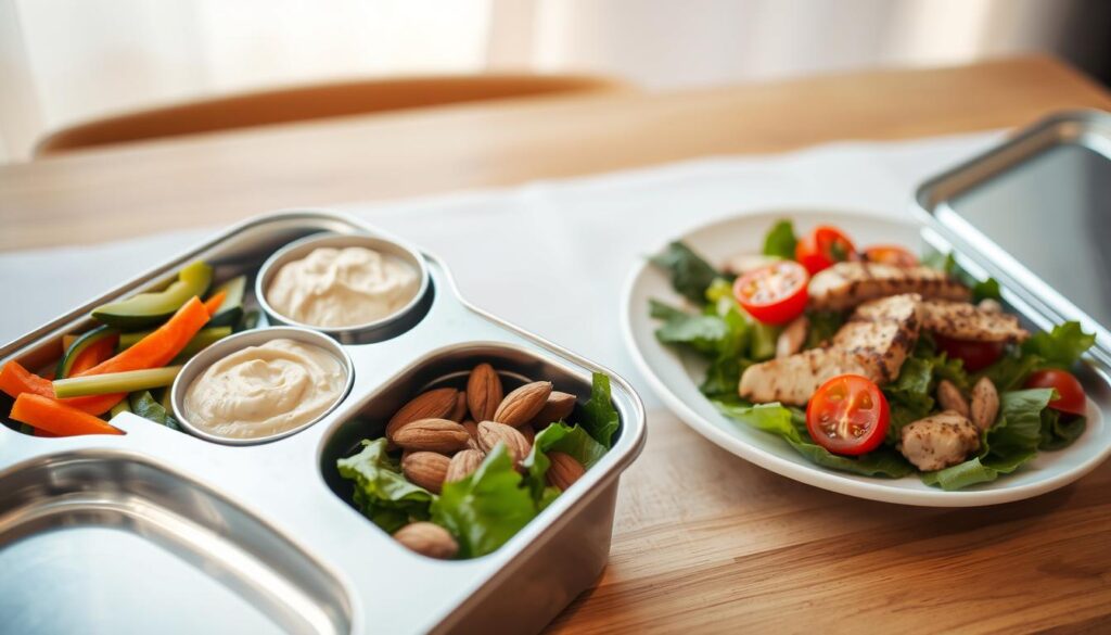 A simple, yet delightful lunchbox spread featuring a variety of homemade meals. In the foreground, a stainless steel lunchbox open to reveal neatly organized compartments filled with wholesome ingredients: sliced fresh vegetables, a small bowl of creamy hummus, and a handful of roasted almonds. In the middle ground, a clean white plate holds a hearty salad with mixed greens, cherry tomatoes, and grilled chicken. In the background, a wooden table with a simple white tablecloth provides a clean, minimalist backdrop. The lighting is soft and natural, casting a warm glow over the scene. The overall mood is one of simplicity, health, and nourishment. A simple, yet delightful lunchbox spread featuring a variety of homemade meals. In the foreground, a stainless steel lunchbox open to reveal neatly organized compartments filled with wholesome ingredients: sliced fresh vegetables, a small bowl of creamy hummus, and a handful of roasted almonds. In the middle ground, a clean white plate holds a hearty salad with mixed greens, cherry tomatoes, and grilled chicken. In the background, a wooden table with a simple white tablecloth provides a clean, minimalist backdrop. The lighting is soft and natural, casting a warm glow over the scene. The overall mood is one of simplicity, health, and nourishment.