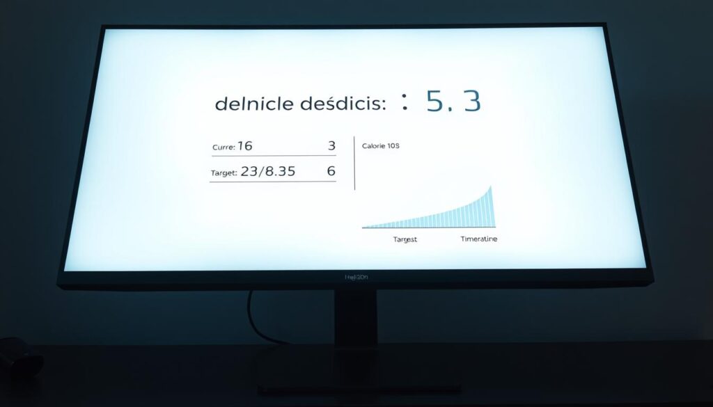 A sleek, minimalist digital calorie deficit calculator displayed on a modern, flat-screen monitor. The interface features a clean, white background with a minimalist design, allowing the user to easily input their current weight, target weight, and timeframe. The numbers and calculations are displayed in a clear, legible font, with a simple graph or chart visualizing the calorie deficit required to achieve the desired weight loss goal. The image is captured in a cool, natural lighting setup, using a slightly low camera angle to emphasize the device's advanced, high-tech appearance. The overall mood is one of efficiency, precision, and a sense of empowerment in taking control of one's weight management. A sleek, minimalist digital calorie deficit calculator displayed on a modern, flat-screen monitor. The interface features a clean, white background with a minimalist design, allowing the user to easily input their current weight, target weight, and timeframe. The numbers and calculations are displayed in a clear, legible font, with a simple graph or chart visualizing the calorie deficit required to achieve the desired weight loss goal. The image is captured in a cool, natural lighting setup, using a slightly low camera angle to emphasize the device's advanced, high-tech appearance. The overall mood is one of efficiency, precision, and a sense of empowerment in taking control of one's weight management.