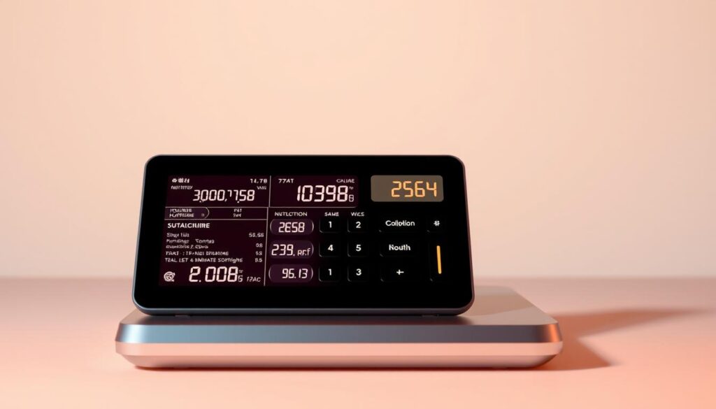 A sleek, modern-looking calculator set against a clean, minimalist background. The calculator has a digital display showing various nutrition data and calorie-related information. The device is highlighted with a subtle glow, suggesting a high-tech, user-friendly design. The background is a soft, muted gradient, creating a calm and focused atmosphere. Warm, directional lighting illuminates the calculator, emphasizing its form and function. The overall scene conveys a sense of precision, simplicity, and the importance of tracking caloric intake for weight management. A sleek, modern-looking calculator set against a clean, minimalist background. The calculator has a digital display showing various nutrition data and calorie-related information. The device is highlighted with a subtle glow, suggesting a high-tech, user-friendly design. The background is a soft, muted gradient, creating a calm and focused atmosphere. Warm, directional lighting illuminates the calculator, emphasizing its form and function. The overall scene conveys a sense of precision, simplicity, and the importance of tracking caloric intake for weight management.