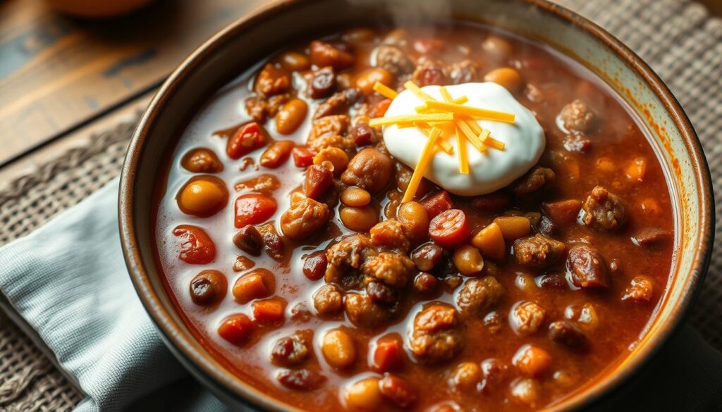 A steaming bowl of homemade chili, its rich, fragrant aroma filling the air. The thick, hearty stew is dotted with tender chunks of beef, kidney beans, and diced tomatoes. Aromatic spices like cumin, chili powder, and garlic lend depth and complexity. A dollop of cool sour cream and a sprinkle of shredded cheddar cheese adorn the top, creating a visually appealing contrast. The chili is surrounded by a rustic wooden table, with a simple placemat and napkin providing a cozy, homey atmosphere. Soft, warm light casts a gentle glow, highlighting the inviting texture and color of the dish. This comforting one-pot meal is ready to be enjoyed, whether for a quick lunch or a satisfying dinner. A steaming bowl of homemade chili, its rich, fragrant aroma filling the air. The thick, hearty stew is dotted with tender chunks of beef, kidney beans, and diced tomatoes. Aromatic spices like cumin, chili powder, and garlic lend depth and complexity. A dollop of cool sour cream and a sprinkle of shredded cheddar cheese adorn the top, creating a visually appealing contrast. The chili is surrounded by a rustic wooden table, with a simple placemat and napkin providing a cozy, homey atmosphere. Soft, warm light casts a gentle glow, highlighting the inviting texture and color of the dish. This comforting one-pot meal is ready to be enjoyed, whether for a quick lunch or a satisfying dinner.