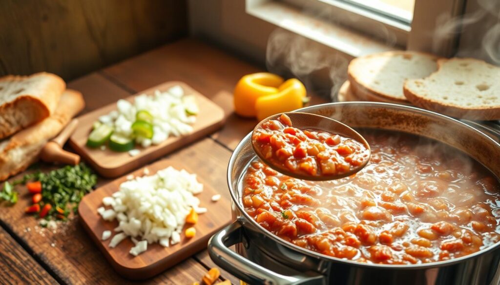 A steaming pot of homemade chili simmers on a rustic wooden table, surrounded by freshly chopped vegetables, spices, and a stack of warm, crusty bread. The light from a nearby window casts a warm glow, highlighting the rich, vibrant colors of the dish. In the foreground, a wooden spoon dips into the bubbling chili, revealing its thick, hearty texture. The middle ground features a cutting board with diced onions, bell peppers, and a sprinkle of aromatic herbs. In the background, a natural, earthy backdrop sets the scene, creating a cozy, inviting atmosphere for this nourishing, step-by-step cooking experience. A steaming pot of homemade chili simmers on a rustic wooden table, surrounded by freshly chopped vegetables, spices, and a stack of warm, crusty bread. The light from a nearby window casts a warm glow, highlighting the rich, vibrant colors of the dish. In the foreground, a wooden spoon dips into the bubbling chili, revealing its thick, hearty texture. The middle ground features a cutting board with diced onions, bell peppers, and a sprinkle of aromatic herbs. In the background, a natural, earthy backdrop sets the scene, creating a cozy, inviting atmosphere for this nourishing, step-by-step cooking experience.