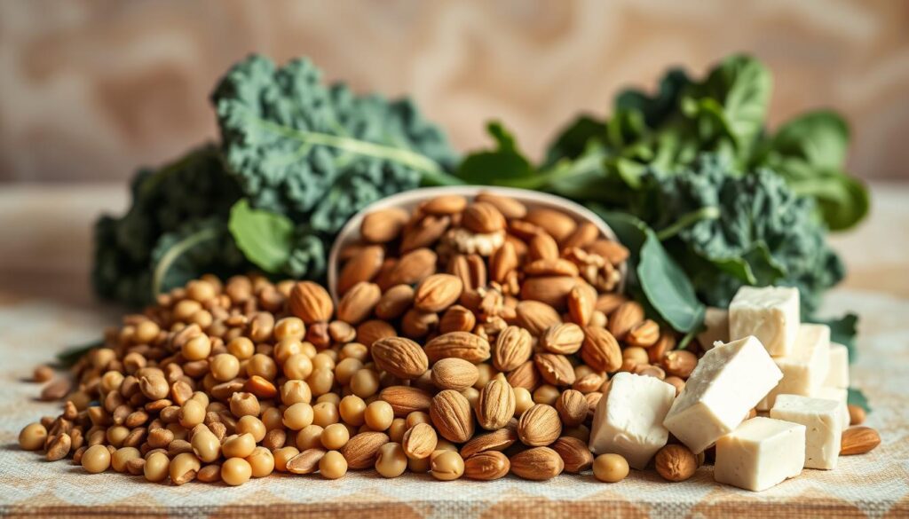 A still life composition capturing an array of protein-rich vegan foods set against a soft, natural backdrop. In the foreground, an assortment of lentils, chickpeas, edamame, and tofu cubes arranged in a visually appealing manner. The middle ground features clusters of almonds, walnuts, and pumpkin seeds, while the background showcases leafy greens like kale and spinach. Soft, diffused lighting creates a warm, earthy ambiance, highlighting the textures and vibrant colors of the ingredients. The composition is balanced, drawing the viewer's eye to the variety of nutrient-dense, plant-based protein sources. A still life composition capturing an array of protein-rich vegan foods set against a soft, natural backdrop. In the foreground, an assortment of lentils, chickpeas, edamame, and tofu cubes arranged in a visually appealing manner. The middle ground features clusters of almonds, walnuts, and pumpkin seeds, while the background showcases leafy greens like kale and spinach. Soft, diffused lighting creates a warm, earthy ambiance, highlighting the textures and vibrant colors of the ingredients. The composition is balanced, drawing the viewer's eye to the variety of nutrient-dense, plant-based protein sources.