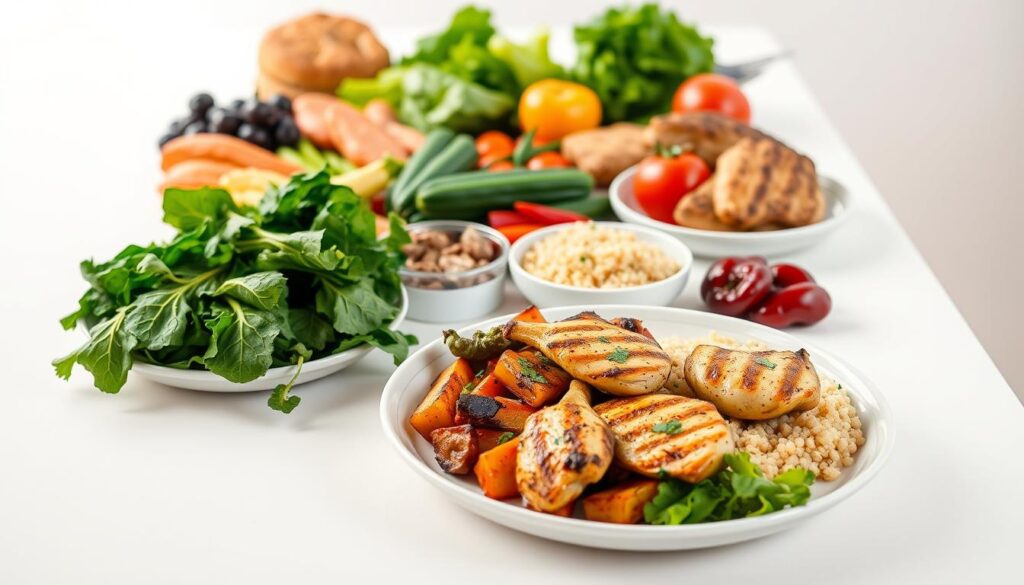 A sumptuous, macro-balanced meal plan for fat loss, artfully arranged on a clean, white table. In the foreground, an expertly plated dish featuring grilled chicken, roasted vegetables, and a serving of quinoa, all beautifully presented. In the middle ground, a variety of fresh, colorful ingredients - leafy greens, lean protein, complex carbohydrates, and healthy fats - arranged in a visually appealing manner. The background is softly lit, creating a warm, inviting atmosphere that evokes a sense of healthy, balanced nutrition. The image is captured with a high-quality camera lens, showcasing the texture, color, and composition of the meal plan in stunning detail. A sumptuous, macro-balanced meal plan for fat loss, artfully arranged on a clean, white table. In the foreground, an expertly plated dish featuring grilled chicken, roasted vegetables, and a serving of quinoa, all beautifully presented. In the middle ground, a variety of fresh, colorful ingredients - leafy greens, lean protein, complex carbohydrates, and healthy fats - arranged in a visually appealing manner. The background is softly lit, creating a warm, inviting atmosphere that evokes a sense of healthy, balanced nutrition. The image is captured with a high-quality camera lens, showcasing the texture, color, and composition of the meal plan in stunning detail.
