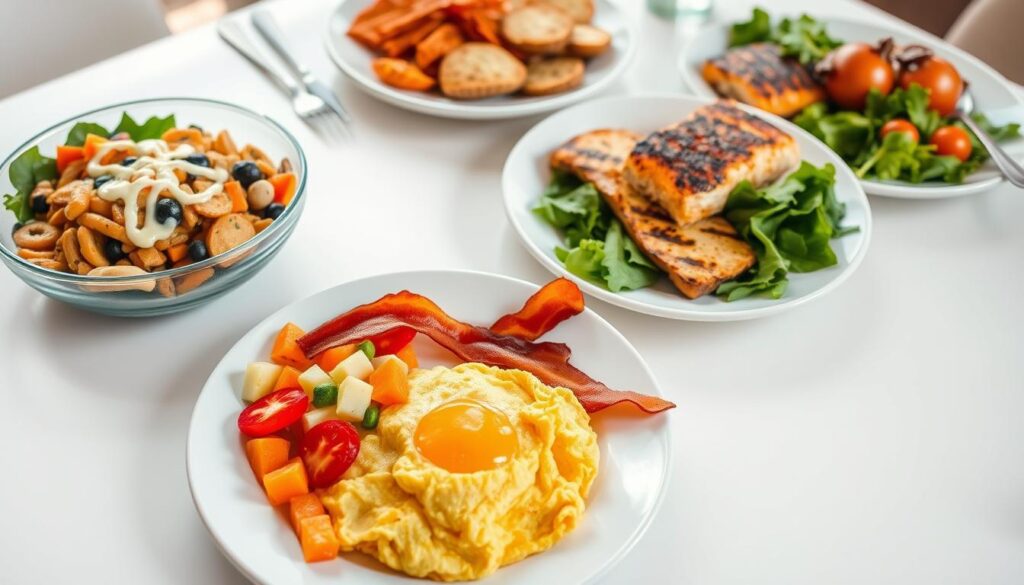 A sumptuous spread of nutritious, balanced meals laid out on a pristine white table, bathed in warm, natural light. In the foreground, a delectable breakfast plate showcases a fluffy omelet, crisp bacon, and a vibrant fruit salad. To the side, a hearty lunch bowl features sautéed vegetables, lean protein, and a drizzle of creamy dressing. In the background, a wholesome dinner plate presents grilled salmon, roasted sweet potatoes, and a vibrant green salad. The overall scene exudes a sense of health, simplicity, and culinary delight, perfectly capturing the essence of a weight loss meal plan. A sumptuous spread of nutritious, balanced meals laid out on a pristine white table, bathed in warm, natural light. In the foreground, a delectable breakfast plate showcases a fluffy omelet, crisp bacon, and a vibrant fruit salad. To the side, a hearty lunch bowl features sautéed vegetables, lean protein, and a drizzle of creamy dressing. In the background, a wholesome dinner plate presents grilled salmon, roasted sweet potatoes, and a vibrant green salad. The overall scene exudes a sense of health, simplicity, and culinary delight, perfectly capturing the essence of a weight loss meal plan, Ozempic-Friendly 5-Day Meal Plan