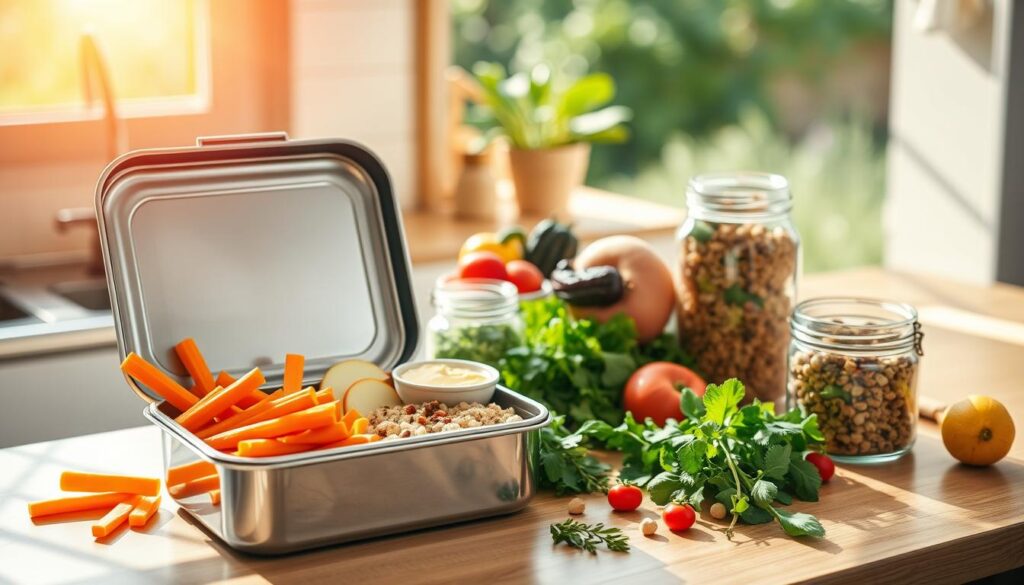 A sun-dappled kitchen counter displays an assortment of vegan lunchbox items. In the foreground, a sleek stainless steel lunchbox opens to reveal a colorful array of plant-based foods - crisp carrot sticks, juicy apple slices, creamy hummus, and protein-packed quinoa salad. The middle ground features a scattering of vibrant vegetables, freshly picked herbs, and a glass jar filled with homemade plant-based snacks. In the background, a window overlooking a verdant garden lets in warm natural light, creating a cozy, nurturing atmosphere. The overall scene evokes a sense of wholesome, sustainable nourishment - the perfect inspiration for building a delicious and nutritious vegan lunchbox. A sun-dappled kitchen counter displays an assortment of vegan lunchbox items. In the foreground, a sleek stainless steel lunchbox opens to reveal a colorful array of plant-based foods - crisp carrot sticks, juicy apple slices, creamy hummus, and protein-packed quinoa salad. The middle ground features a scattering of vibrant vegetables, freshly picked herbs, and a glass jar filled with homemade plant-based snacks. In the background, a window overlooking a verdant garden lets in warm natural light, creating a cozy, nurturing atmosphere. The overall scene evokes a sense of wholesome, sustainable nourishment - the perfect inspiration for building a delicious and nutritious vegan lunchbox.