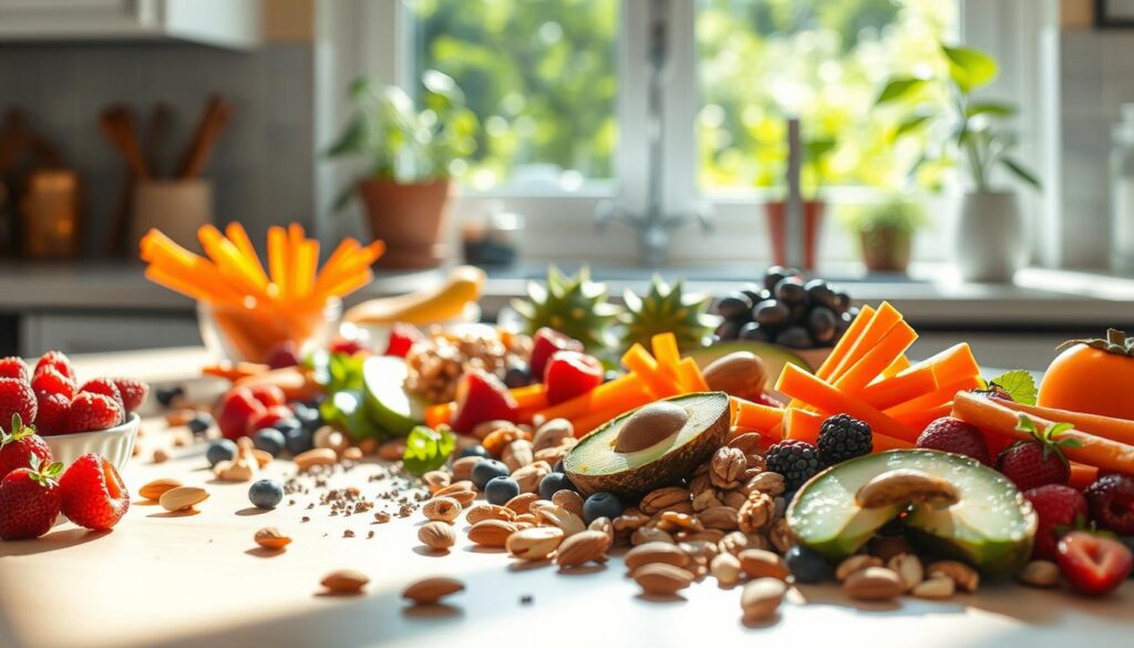 A sun-dappled kitchen counter overflows with a vibrant assortment of healthy snacks. In the foreground, an array of colorful fruits and vegetables - juicy berries, crisp carrot sticks, and creamy avocado slices - are arranged artfully. Behind them, a selection of protein-rich nuts and seeds, including almonds, walnuts, and chia, are scattered across the surface. Subtle lighting casts a warm, inviting glow, heightening the natural textures and hues. In the background, a window offers a glimpse of a lush, verdant garden, further emphasizing the connection to nature and wellness. This image conveys a sense of balance, nourishment, and a delightful respite during the day's eating window. A sun-dappled kitchen counter overflows with a vibrant assortment of healthy snacks. In the foreground, an array of colorful fruits and vegetables - juicy berries, crisp carrot sticks, and creamy avocado slices - are arranged artfully. Behind them, a selection of protein-rich nuts and seeds, including almonds, walnuts, and chia, are scattered across the surface. Subtle lighting casts a warm, inviting glow, heightening the natural textures and hues. In the background, a window offers a glimpse of a lush, verdant garden, further emphasizing the connection to nature and wellness. This image conveys a sense of balance, nourishment, and a delightful respite during the day's eating window.