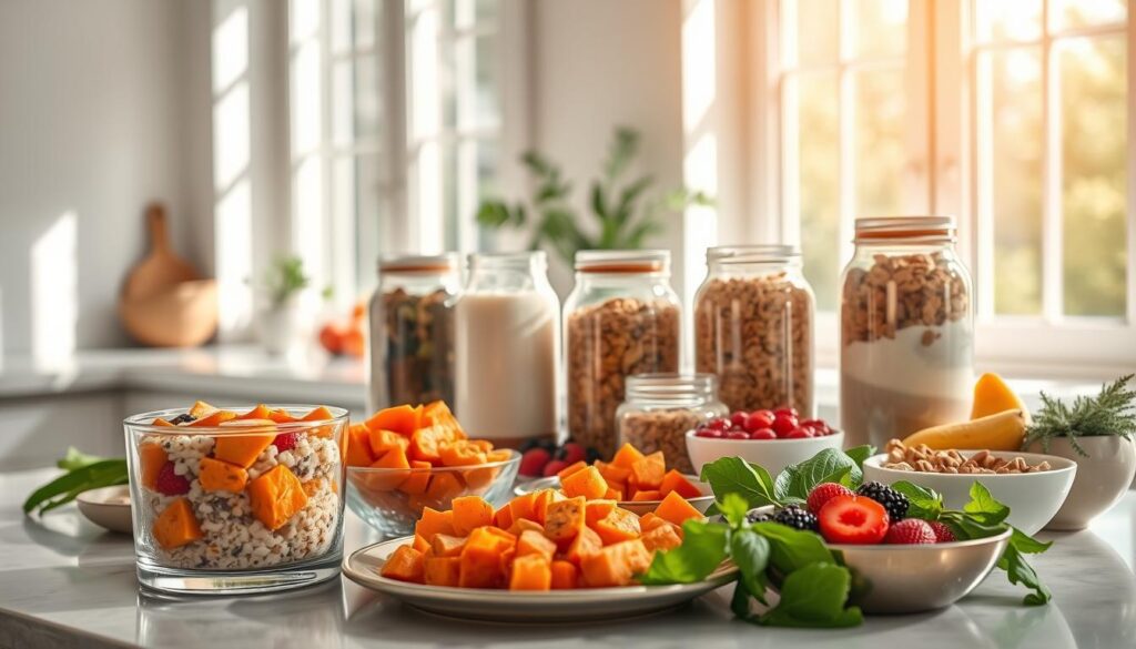 A sun-drenched kitchen counter, meticulously arranged with an array of meal prep breakfast options. In the foreground, a range of vibrant ingredients - fresh fruits, crisp vegetables, hearty grains, and a variety of protein sources. A sleek glass container filled with overnight oats, a platter of roasted sweet potato cubes, and a bowl of mixed berries. In the middle ground, a series of neatly organized glass jars containing chia pudding, yogurt, and trail mix. The background features an airy, minimalist aesthetic, with natural light pouring in through large windows, casting a warm, inviting glow over the scene. The overall atmosphere conveys a sense of organization, health, and a celebration of the Mediterranean diet's vibrant flavors. A sun-drenched kitchen counter, meticulously arranged with an array of meal prep breakfast options. In the foreground, a range of vibrant ingredients - fresh fruits, crisp vegetables, hearty grains, and a variety of protein sources. A sleek glass container filled with overnight oats, a platter of roasted sweet potato cubes, and a bowl of mixed berries. In the middle ground, a series of neatly organized glass jars containing chia pudding, yogurt, and trail mix. The background features an airy, minimalist aesthetic, with natural light pouring in through large windows, casting a warm, inviting glow over the scene. The overall atmosphere conveys a sense of organization, health, and a celebration of the Mediterranean diet's vibrant flavors.