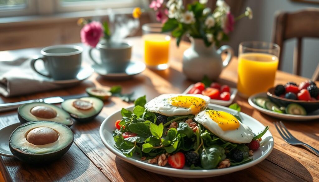 A vibrant, appetizing breakfast scene on a sun-drenched kitchen table. In the foreground, a plate of delicately poached eggs nestled atop a bed of leafy greens, drizzled with a zesty lemon-herb dressing. Alongside, a colorful array of sliced avocado, fresh berries, and a sprinkle of toasted nuts. In the middle ground, a mug of steaming herbal tea and a glass of freshly squeezed orange juice. The background features a rustic wooden table, linen napkins, and a vase of fragrant flowers, all bathed in warm, natural lighting. The overall mood is one of nourishment, balance, and a celebration of anti-inflammatory whole foods. A vibrant, appetizing breakfast scene on a sun-drenched kitchen table. In the foreground, a plate of delicately poached eggs nestled atop a bed of leafy greens, drizzled with a zesty lemon-herb dressing. Alongside, a colorful array of sliced avocado, fresh berries, and a sprinkle of toasted nuts. In the middle ground, a mug of steaming herbal tea and a glass of freshly squeezed orange juice. The background features a rustic wooden table, linen napkins, and a vase of fragrant flowers, all bathed in warm, natural lighting. The overall mood is one of nourishment, balance, and a celebration of anti-inflammatory whole foods.