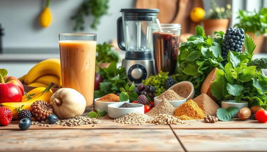 A vibrant array of nutrient-dense superfoods arranged on a rustic wooden table, bathed in soft, natural lighting. In the foreground, a selection of fruits, leafy greens, seeds, and powders artfully displayed, each offering a unique nutritional boost to a wholesome smoothie. The middle ground features a blender, fresh herbs, and a glass filled with a vibrant, creamy smoothie, inviting the viewer to imagine the delicious and nourishing result. The background hints at a minimal, clean kitchen setting, allowing the vibrant colors and textures of the ingredients to take center stage. An image that captures the essence of enhancing a smoothie's nutritional value with carefully selected add-ins.